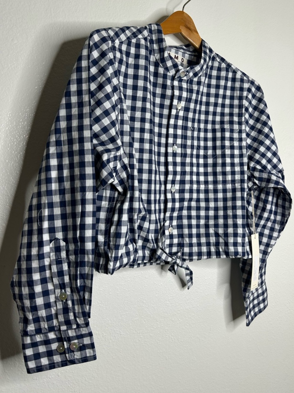 NWT AMO Rosalind Shirt Blue Navy Checkered Cropped Button Down Shirt Small - Picture 3 of 14